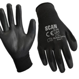 Scan Gloves SCAGLOPU12 Black PU Coated Gloves - L (Size 9) (12 Pairs)