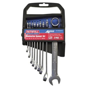 Faithfull Chrome Vanadium Combination Spanner Set, 9 Piece