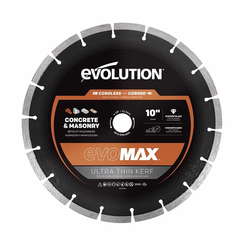 Evolution 10" Blade EVOMAX 260mm Ultra Thin Diamond Disc Cutter Blade, 22.2mm Bore