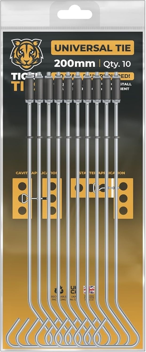 Tiger Universal Wall Ties 200mm - 10 Pack, Use as Cavity Wall Ties or Wall Starter Ties, New Wall Construction and Builds, No Wall Plugs Required